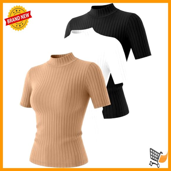 Mock Turtleneck Ribbed Tees Slim Fit Layering Tops Lightweight Cotton Blend - Picture 3 of 7